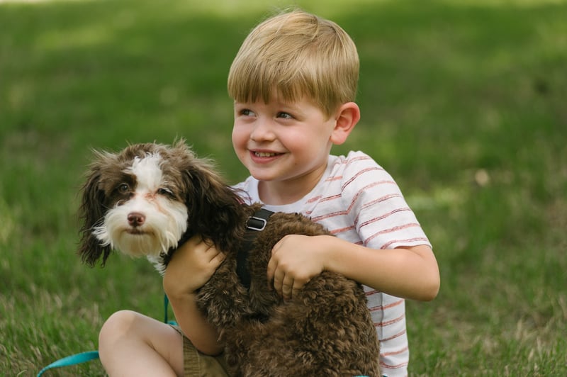 Child and dog in yard with no fleas or ticks